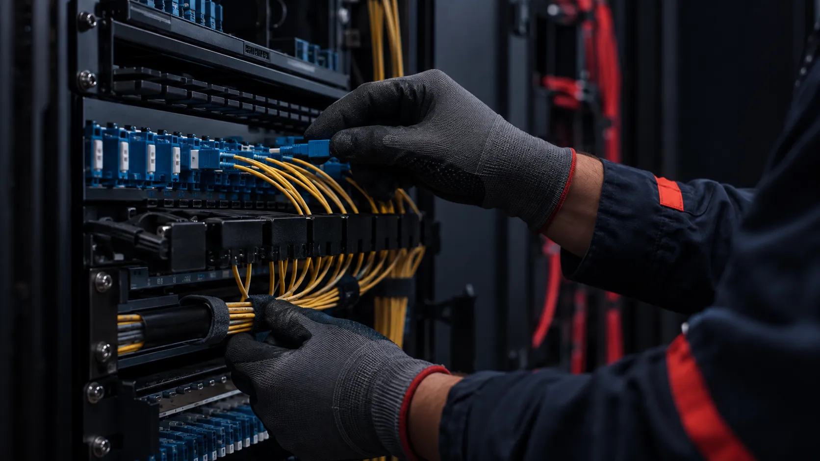 Técnico conectando fibra em infraestrutura empresarial