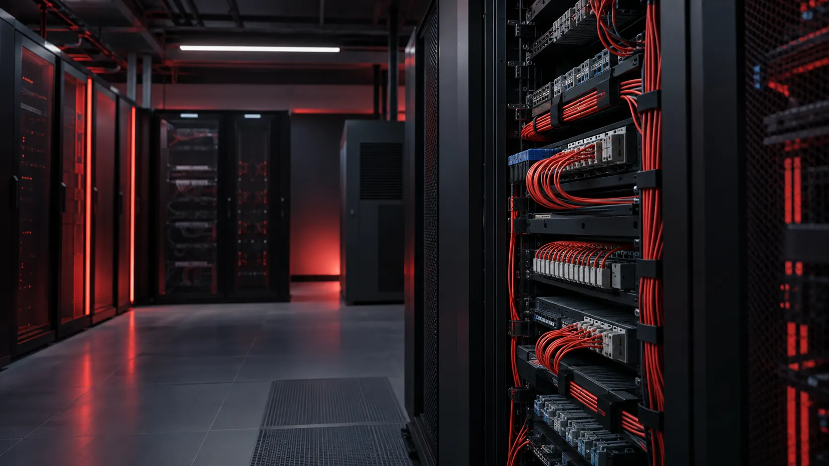 Infraestrutura de rede corporativa com racks e conexões organizadas